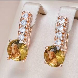 Elegant Rose Gold 585RG Natural Brown Gem Zircon Drop Earrings